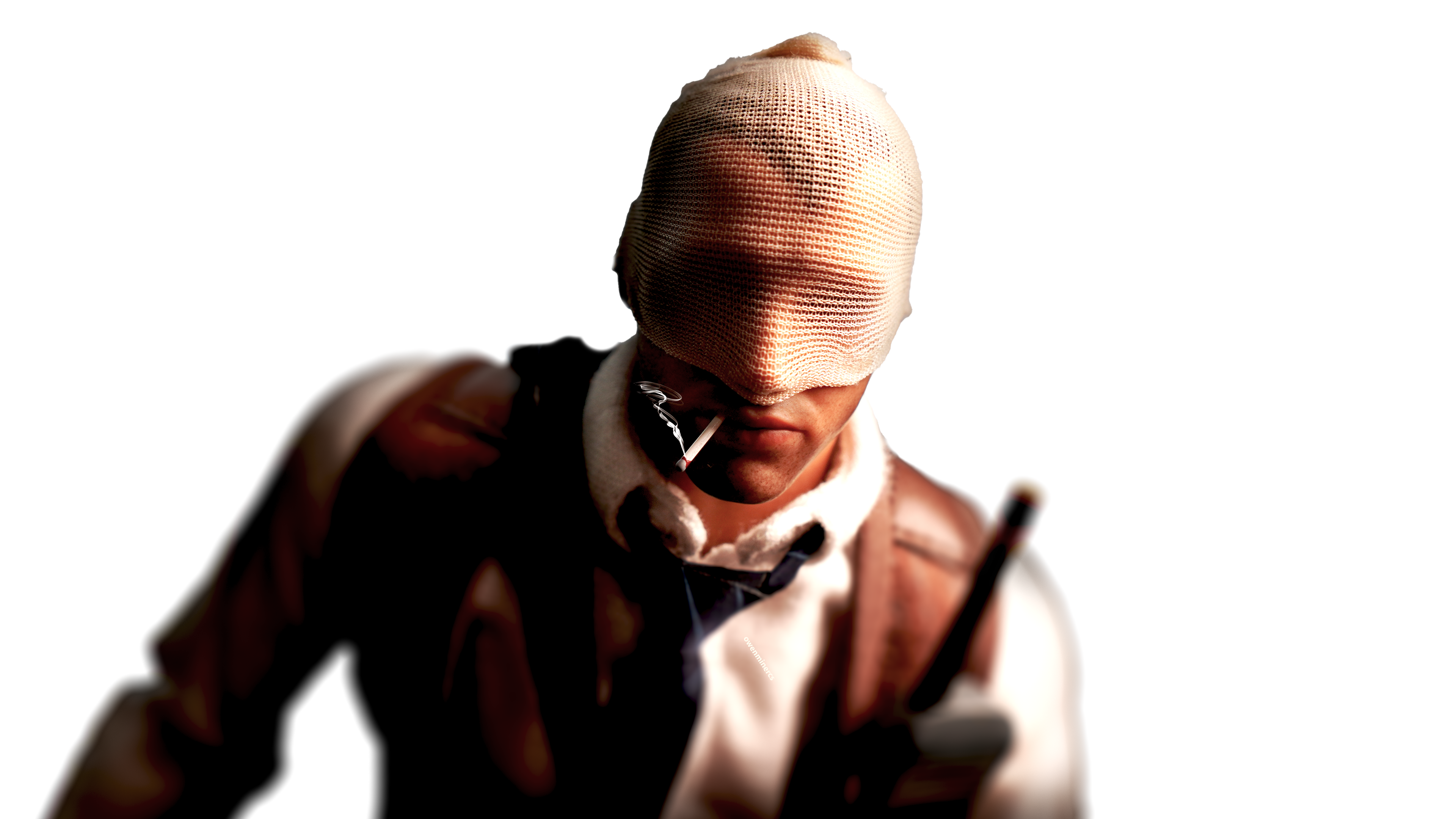 Agent number K smoking a cigarette white background